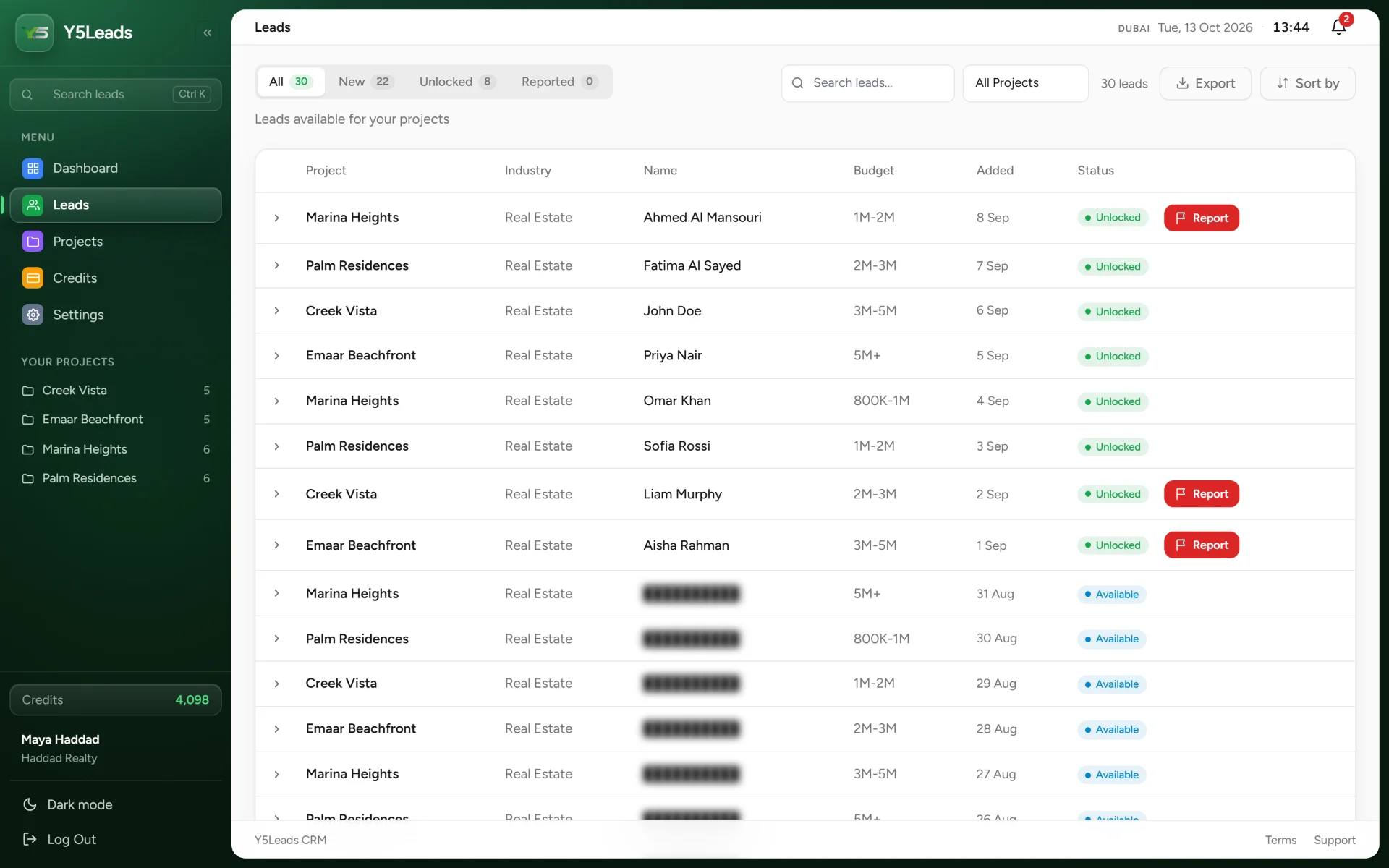 New buyer leads in the Y5Leads app, with names hidden until unlocked
